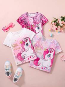 SHEIN 幼兒女童可愛獨角獸印花舒適三件套t恤,適用於夏季