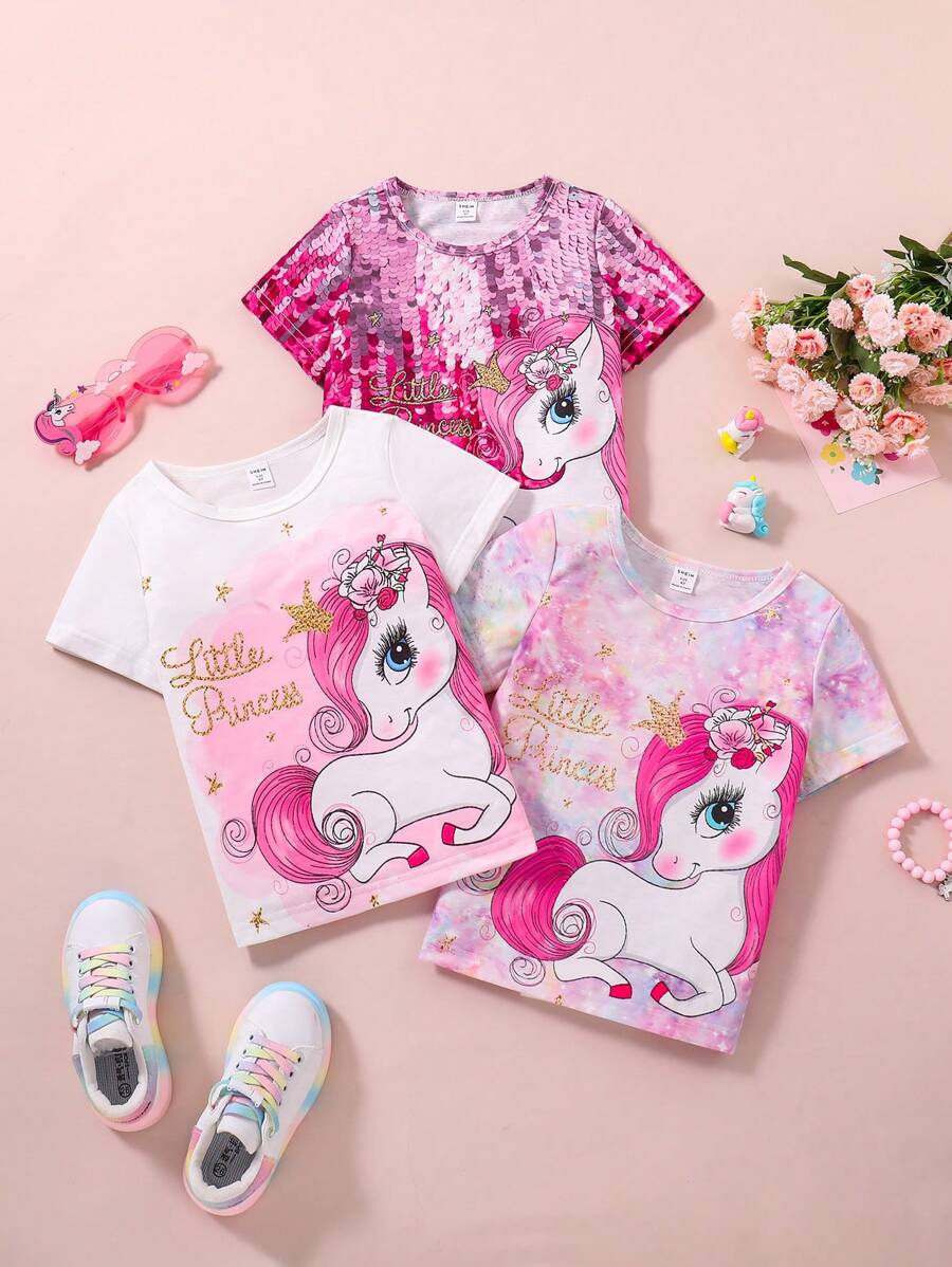 SHEIN 幼兒女童可愛獨角獸印花舒適三件套t恤,適用於夏季