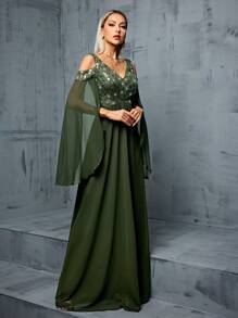 Sexy V-Neck Cold Shoulder Sequins Decorated Ruffle Long Sleeve Chiffon Dress - Olive Green - View 1