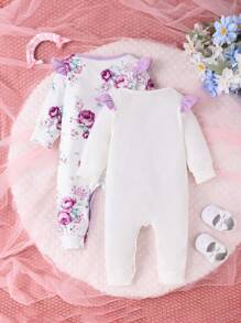 Baby Girls' Floral Print & Slogan Print Jumpsuit, 2pcs/Set, Comfortable And Lovely For Spring And Summer Casual Outfit - White - View 2