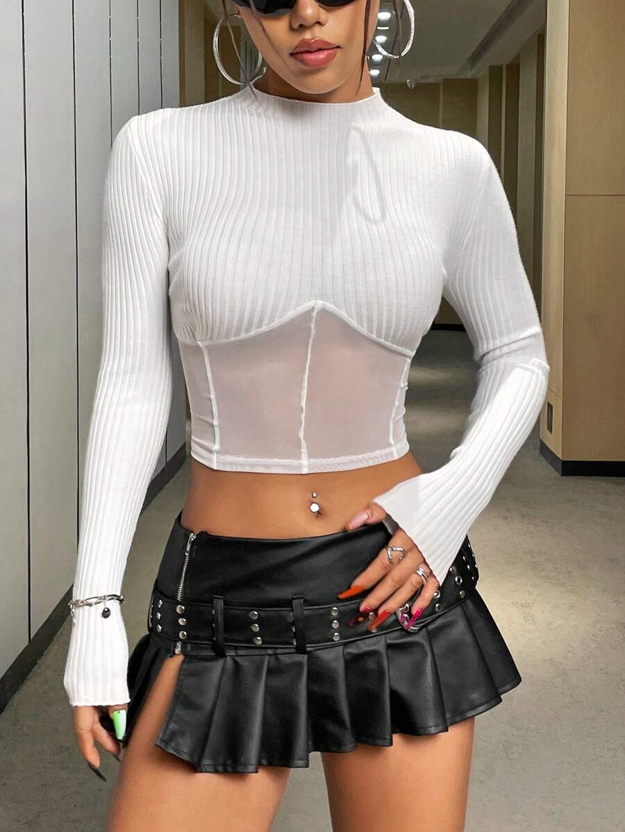 SHEIN Unity Mesh Panel Cropped Knit Pullover Fall Winter Sweater - White - View 1