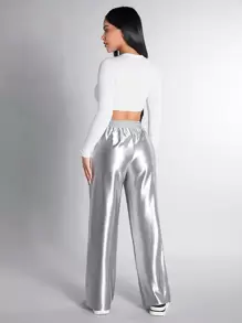 SHEIN PETITE Coated Straight-legged Trousers With Shiny Finish - Silver - View 2