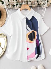 SHEIN LUNE Camisa De Talla Grande Para Hombre Con Cuello Vuelto Y Estampado De Cara - Blanco - Ver 1