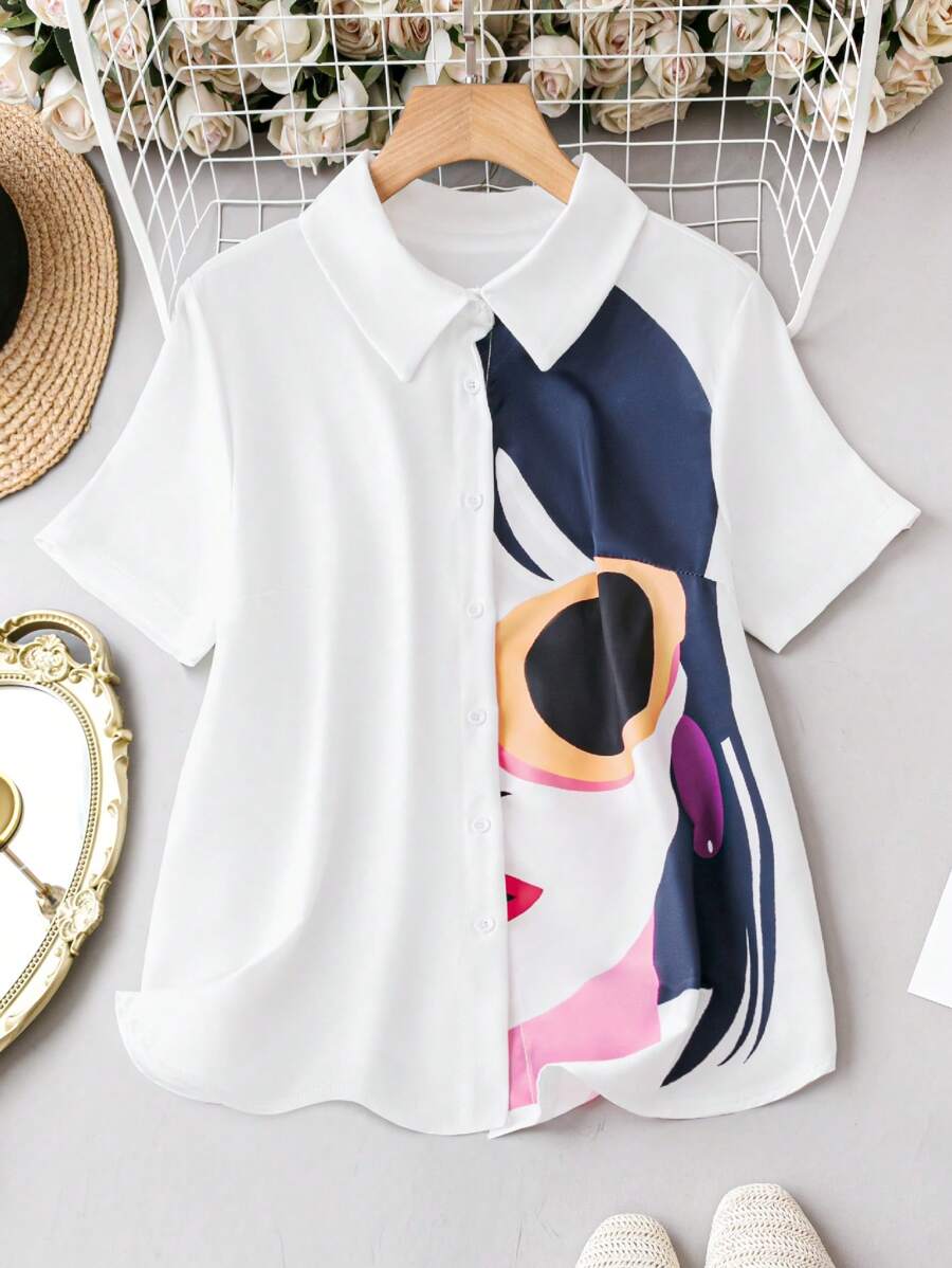 SHEIN LUNE Camisa De Talla Grande Para Hombre Con Cuello Vuelto Y Estampado De Cara - Blanco - Ver 1