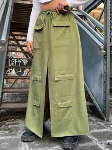 SHEIN EZwear 大碼高腰抽繩口袋A字半身裙帶前開衩 - 軍綠色 - 查看 3