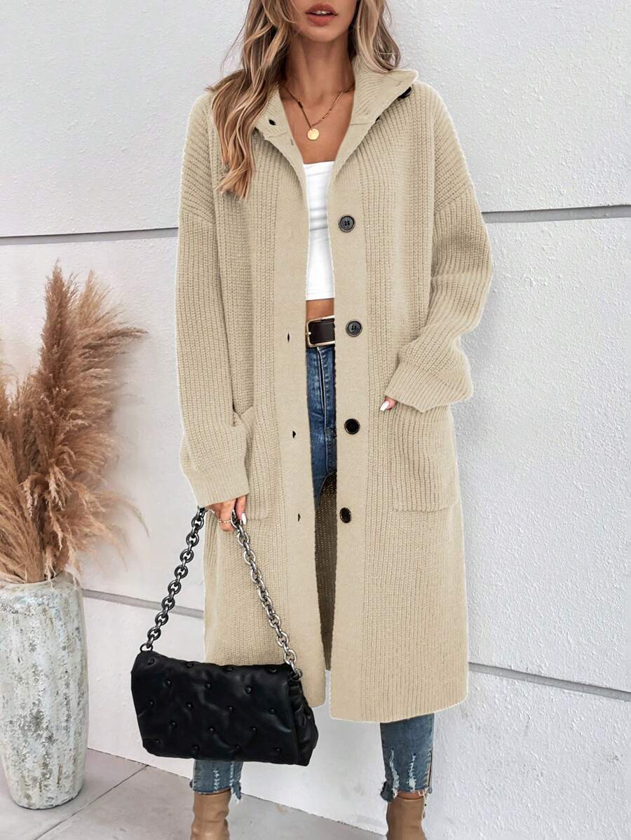 SHEIN Essnce Nút Lên Áo len Mở Áo len Với Túi kép - Màu Khaki - Xem 1