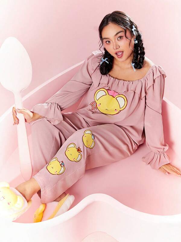 CARDCAPTOR SAKURA | SHEIN Set de pijamale cu volane, cu imprimeu de desene animate de dimensiuni plus