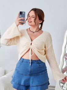 SHEIN EZwear 大尺碼純色束口落肩短款毛衣 - 杏色 - 查看 1