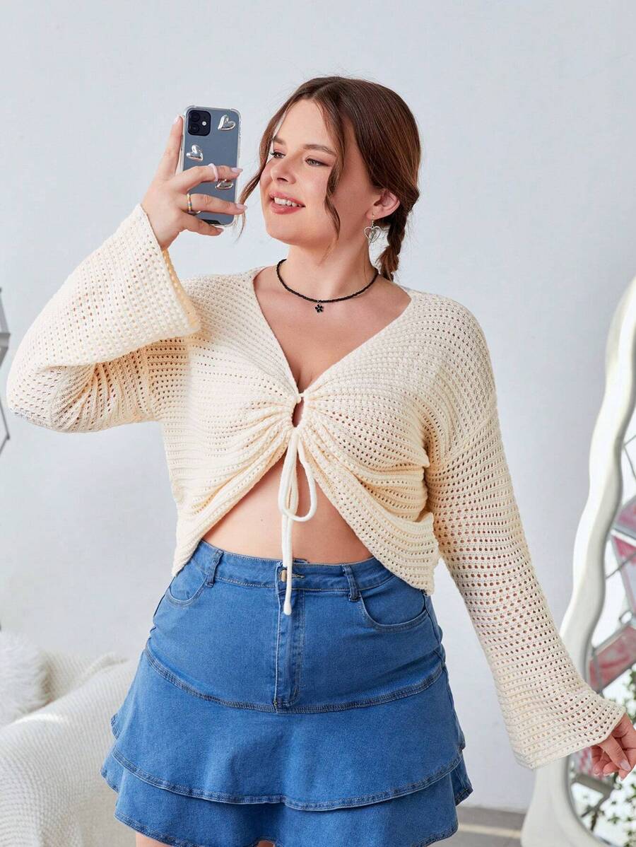 SHEIN EZwear 大尺碼純色束口落肩短款毛衣 - 杏色 - 查看 1