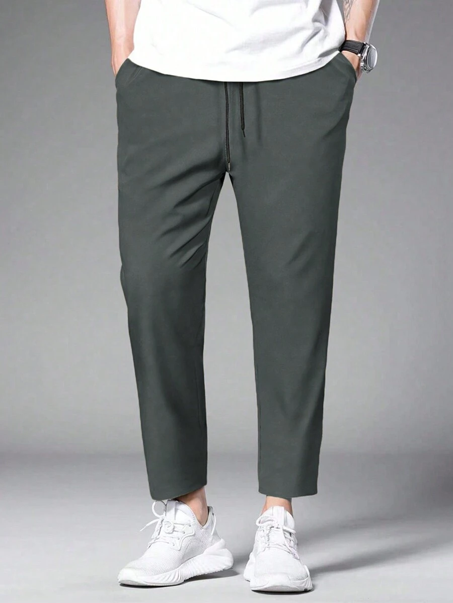 Manfinity Homme Men's Casual Solid Color Drawstring Waist Pants, Fall - Dark Grey - View 1