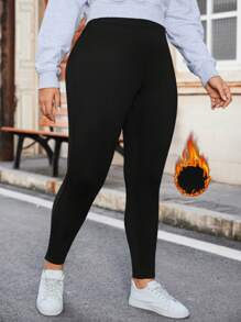 Calvaya Plus Size Solid Color Warm Lined Leggings - Black - View 5