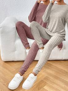 SHEIN Frenchy Solid Color Knit Round Neck Long Sleeve Pants Casual Two-Piece Set - Multicolor - View 3