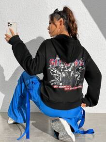 SHEIN Unity 女士卡通字母图案连帽休闲卫衣套头衫秋季卫衣 - 黑色 - 查看 3