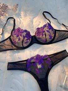 Floral Lace See-Through Lingerie Set, Bra & Panty Set - Multicolor - View 3