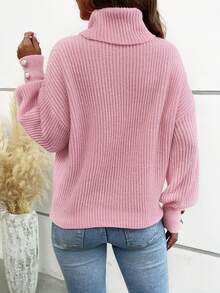 Women's Loose High Neck Sweater, Casual & Formal Ribbed Knit Long Sleeve Pullover, Button Design, Dry Rose Pattern - Baby Pink - View 6