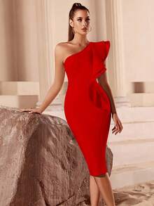 Vestido de vendaje de un hombro fruncido exagerado ribete ajustado - Rojo - Ver 4