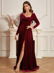 Asymmetrical Gathered Design High Slit A-Line Elegant Party Dress