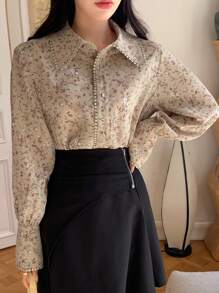 DAZY 花卉印花灯笼袖衬衫，长袖上衣，秋季女装