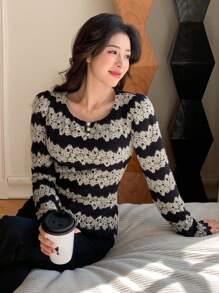 DAZY Faux Pearl Decorated Long Sleeve Top,Fall Clothes - Black - View 8