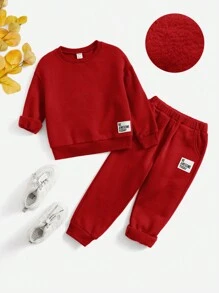 SHEIN 2pcs/set Toddler Boys' Casual Sports Suit With Patch Decoration - Red - View 5