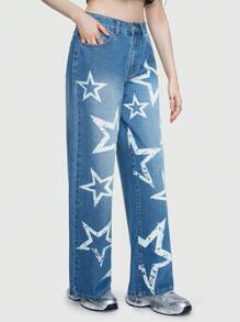 ROMWE Street Life Ladies' Straight-leg Light Blue Star Printed Jeans - Light Wash - View 5