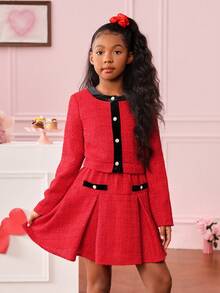 SHEIN Traje De Vestido De Moda Tejido Para Niñas Inspirado En Bloques De Colores - Rojo - Ver 4