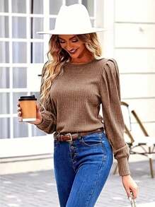 INAWLY Puff Sleeve Ribbed Striped T-shirt - Brown - View 4