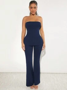 SHEIN SXY Của phụ nữ Quây Top Cây trồng Và Quần loe Bộ - Màu xanh hải quân - Xem 4