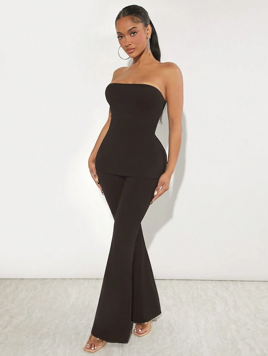 SHEIN SXY Women's Strapless Top & Flare Pants Set - Coffee Brown - View 1