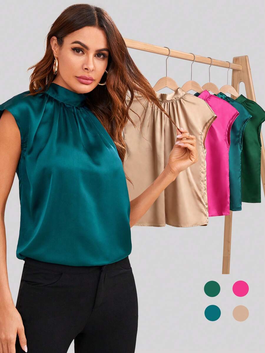 BizChic Crinkle Front Tie Back Batwing Sleeve Satin Top Workwear - Blue - View 1