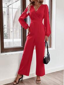 SHEIN LUNE Solid Color Sheer Mesh Contrast Lantern Sleeve Jumpsuit - Red - View 3
