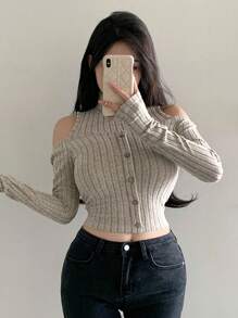 Dazy Designer Camiseta de manga larga acanalada con hombros descubiertos para mujer, top corto con hombros descubiertos - Gris - Ver 4