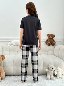 Conjunto De Pijama Para Adolescentes Niñas Con Lindo Diseño De Oso Impreso En La Parte Superior De Manga Corta Y Pantalones Cortos A Cuadros - Negro - Ver 2