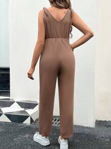 SHEIN 孕婦無袖連身褲,腰部綁帶設計 - 棕色 - 查看 2