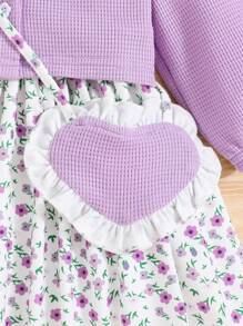 SHEIN Vestido Informal De Manga Larga Con Cuello Peter Pan Y Retazos Florales 2 En 1 De Corte Holgado Para Bebés Niñas Con Bolso