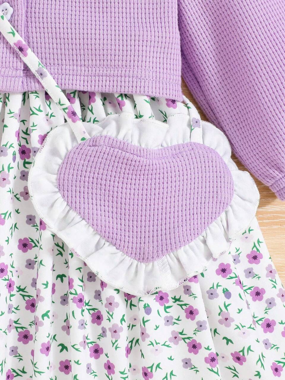 Baby Girls' Casual 2 In 1 Loose Fit Floral Patchwork & Peter Pan Collar Long Sleeve Dress With Bag