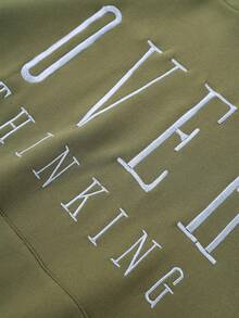 Flirla Plus Size Hooded Sweatshirt With Letter Embroidery And Drawstring, Thickened - Army Green - View 4