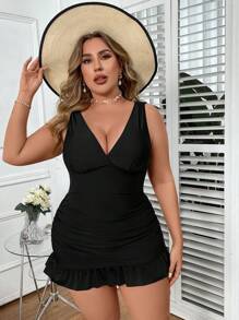 SHEIN Swim Curve Summer Beach Plus Size Ruffle Hem Bikini Set - Black - View 4