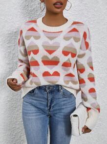 SHEIN LUNE Heart Pattern Drop Shoulder Knit Pullover Fall Winter Sweater - Multicolor - View 4