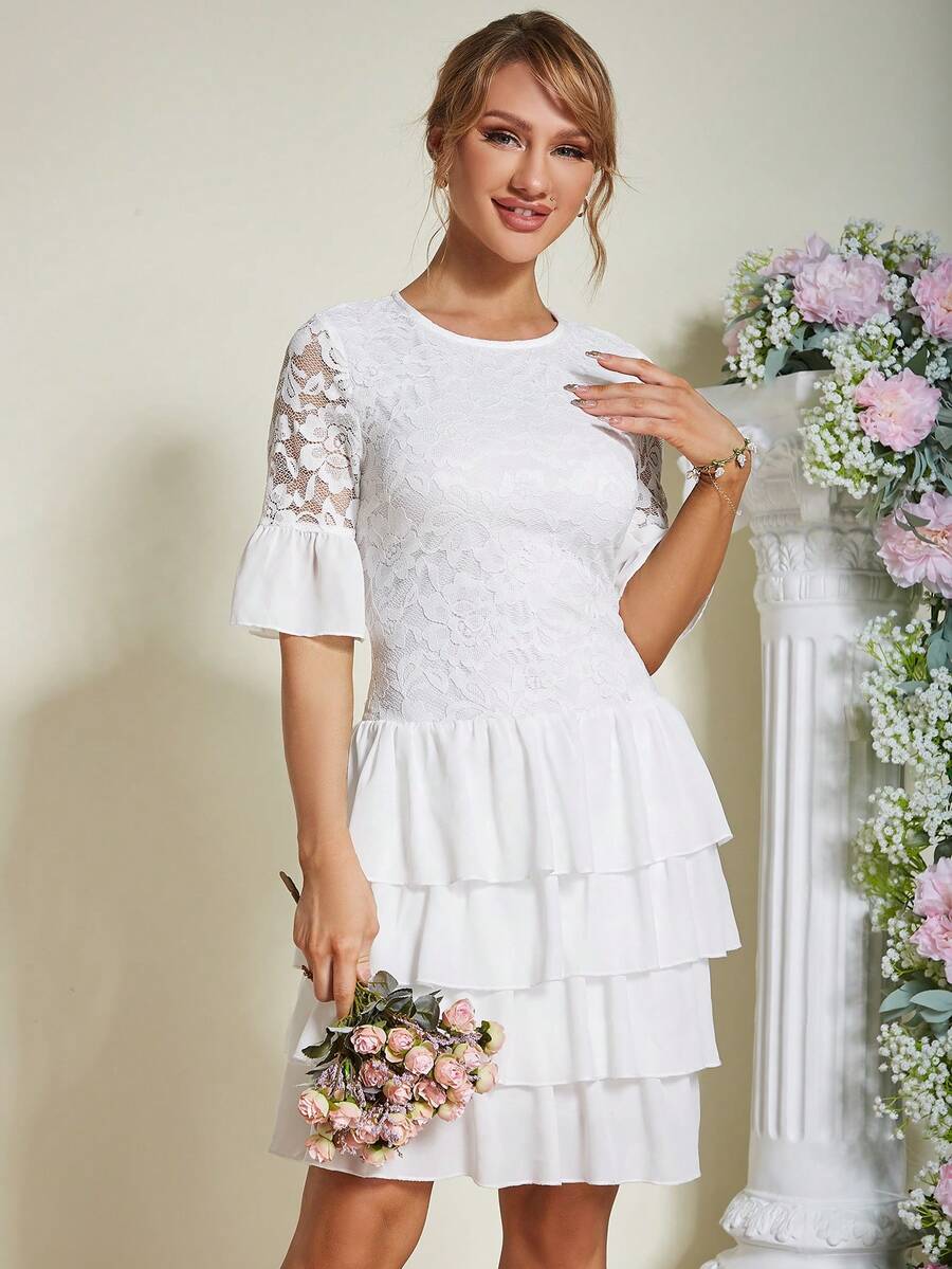 Eilly Bazar Patchwork Spitze Rüschen Saum Swing-kleid - Weiss - Übersicht 1