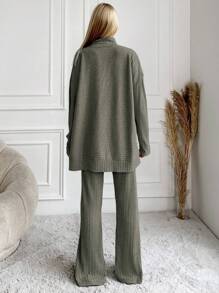 RueChic Women's Monochrome Ribbed Knit Two Piece Set - Olive Green - View 2