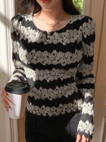 DAZY Faux Pearl Decorated Long Sleeve Top,Fall Clothes - Black - View 4