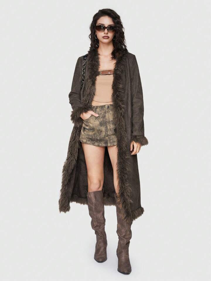 Our Grunge Punk Milady Vintage Suede Long Coat With Fleece Lining 