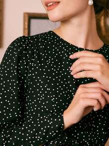 波點印花長袖連衣裙 - 黑色 - 查看 3