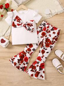 SHEIN Young Girl Flower Pattern Bow Decoration Two-Piece Set - Red and White - View 1