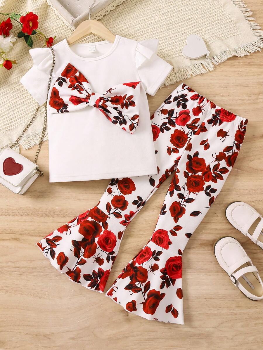 SHEIN Young Girl Flower Pattern Bow Decoration Two-Piece Set - Red and White - View 1