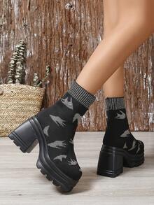 女士時尚舒適方頭黑色刺繡中筒靴，配有透氣粗跟 - 黑色 - 查看 5