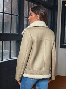 SHEIN Essnce 男/女款摩托車夾克,pu外層,內裡用於保暖的衬里 - 白色 - 查看 2