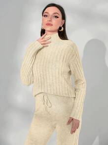 Seusyu Solid Color Ribbed Knit Sweater 2pcs/Set 2 Piece Set - Apricot - View 3