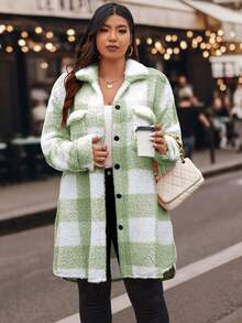 Calvaya 女款大尺碼格子泰迪熊大衣(附翻蓋) - 綠色 - 查看 3